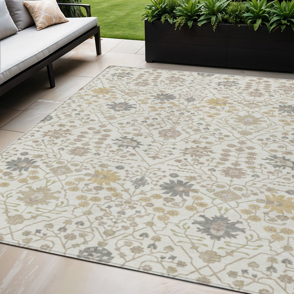 Homeroots 3' Artichoke Green Gray Ivory Oriental Washable Area Rug For Indoor And Outdoor Spaces, Durable Design 5' X 8' Polyester 598053