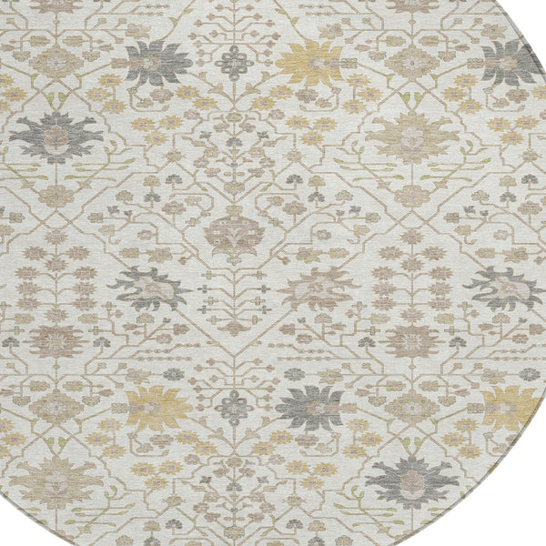 Homeroots 3' Artichoke Green Gray Ivory Oriental Washable Area Rug For Indoor And Outdoor Spaces, Durable Design 8' Round Polyester 598054