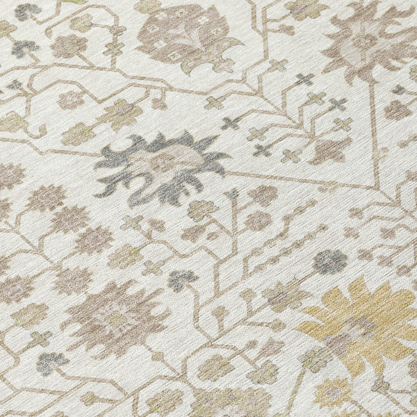 Homeroots 3' Artichoke Green Gray Ivory Oriental Washable Area Rug For Indoor And Outdoor Spaces, Durable Design 8' Round Polyester 598054