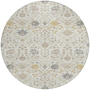 Homeroots 3' Artichoke Green Gray Ivory Oriental Washable Area Rug For Indoor And Outdoor Spaces, Durable Design 8' Round Polyester 598054
