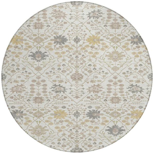 Homeroots 3' Artichoke Green Gray Ivory Oriental Washable Area Rug For Indoor And Outdoor Spaces, Durable Design 8' Round Polyester 598054