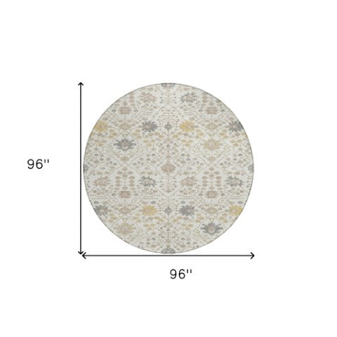 Homeroots 3' Artichoke Green Gray Ivory Oriental Washable Area Rug For Indoor And Outdoor Spaces, Durable Design 8' Round Polyester 598054