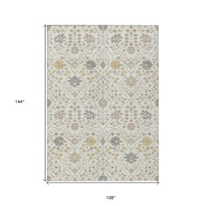 Homeroots 3' Artichoke Green Gray Ivory Oriental Washable Area Rug For Indoor And Outdoor Spaces, Durable Design 9' X 12' Polyester 598056