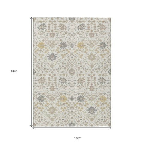 Homeroots 3' Artichoke Green Gray Ivory Oriental Washable Area Rug For Indoor And Outdoor Spaces, Durable Design 9' X 12' Polyester 598056