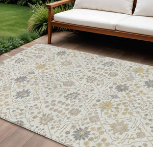 Homeroots 3' Artichoke Green Gray Ivory Oriental Washable Area Rug For Indoor And Outdoor Spaces, Durable Design 10' X 14' Polyester 598057