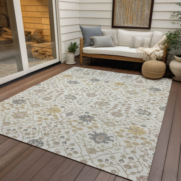 Homeroots 3' Artichoke Green Gray Ivory Oriental Washable Area Rug For Indoor And Outdoor Spaces, Durable Design 10' X 14' Polyester 598057