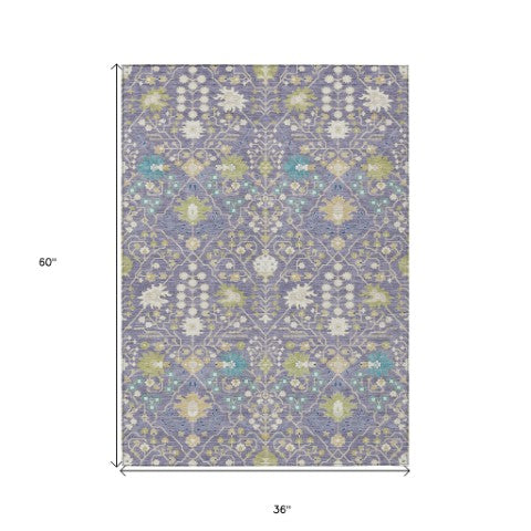 Homeroots 3' Artichoke Green Gray Ivory Oriental Washable Area Rug For Indoor And Outdoor Spaces, Durable Design 3' X 5' Polyester 598058
