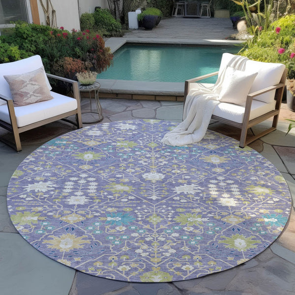 Homeroots 3' Artichoke Green Gray Ivory Oriental Washable Area Rug For Indoor And Outdoor Spaces, Durable Design 8' Round Polyester 598060