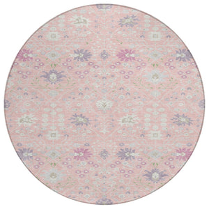 HomeRoots 5' Vibrant Pink Purple Gray Oriental Washable Area Rug for Indoor and Outdoor Spaces, Durable Design 8' Round 598066