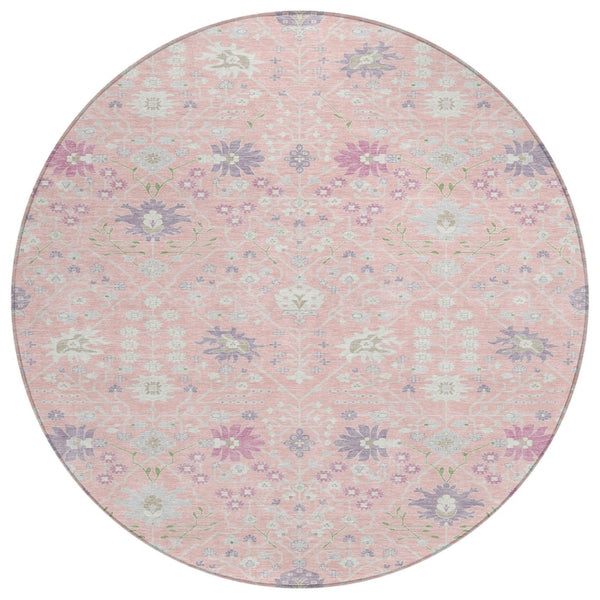 HomeRoots 5' Vibrant Pink Purple Gray Oriental Washable Area Rug for Indoor and Outdoor Spaces, Durable Design 8' Round 598066