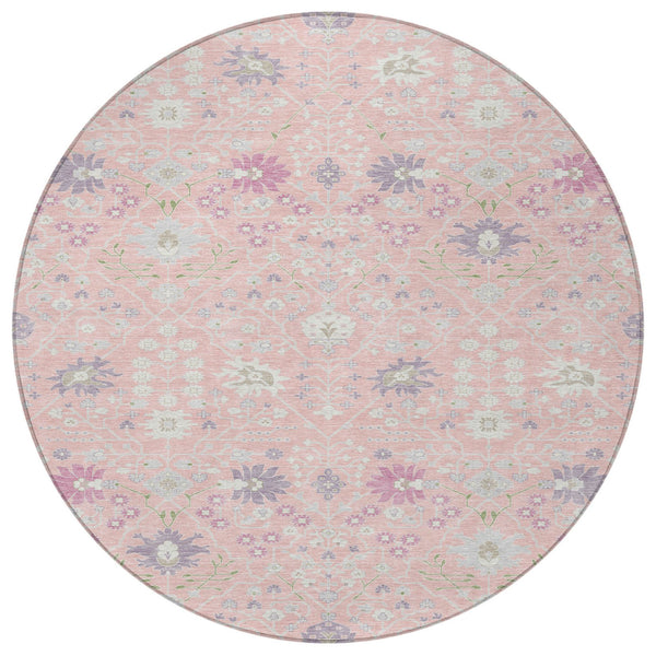 Homeroots 3' Artichoke Green Gray Ivory Oriental Washable Area Rug For Indoor And Outdoor Spaces, Durable Design 8' Round Polyester 598066