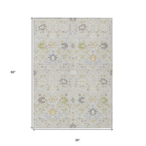 Homeroots 3' Artichoke Green Gray Ivory Oriental Washable Area Rug For Indoor And Outdoor Spaces, Durable Design 3' X 5' Polyester 598070