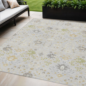 Homeroots 3' Artichoke Green Gray Ivory Oriental Washable Area Rug For Indoor And Outdoor Spaces, Durable Design 5' X 8' Polyester 598071