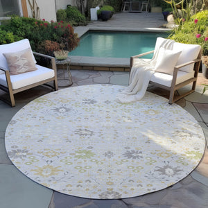 Homeroots 3' Artichoke Green Gray Ivory Oriental Washable Area Rug For Indoor And Outdoor Spaces, Durable Design 8' Round Polyester 598072