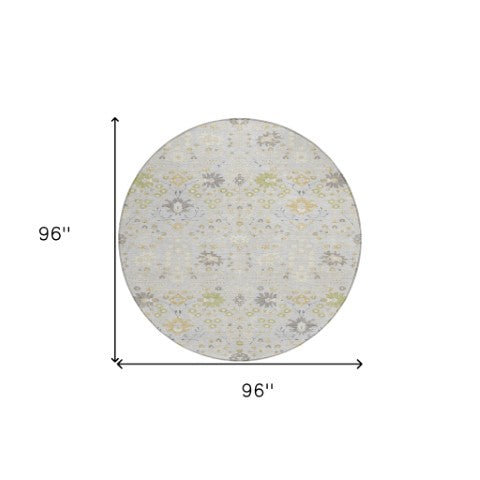 Homeroots 3' Artichoke Green Gray Ivory Oriental Washable Area Rug For Indoor And Outdoor Spaces, Durable Design 8' Round Polyester 598072