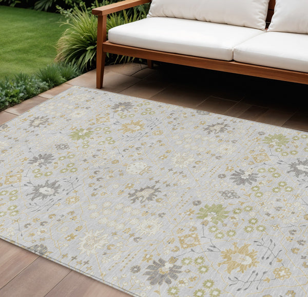 Homeroots 3' Artichoke Green Gray Ivory Oriental Washable Area Rug For Indoor And Outdoor Spaces, Durable Design 8' X 10' Polyester 598073