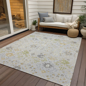 Homeroots 3' Artichoke Green Gray Ivory Oriental Washable Area Rug For Indoor And Outdoor Spaces, Durable Design 9' X 12' Polyester 598074