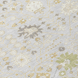 Homeroots 3' Artichoke Green Gray Ivory Oriental Washable Area Rug For Indoor And Outdoor Spaces, Durable Design 9' X 12' Polyester 598074