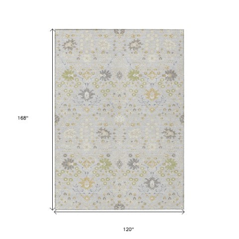 Homeroots 3' Artichoke Green Gray Ivory Oriental Washable Area Rug For Indoor And Outdoor Spaces, Durable Design 10' X 14' Polyester 598075