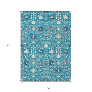 Homeroots 3' Artichoke Green Gray Ivory Oriental Washable Area Rug For Indoor And Outdoor Spaces, Durable Design 3' X 5' Polyester 598076