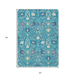 Homeroots 3' Artichoke Green Gray Ivory Oriental Washable Area Rug For Indoor And Outdoor Spaces, Durable Design 5' X 8' Polyester 598077