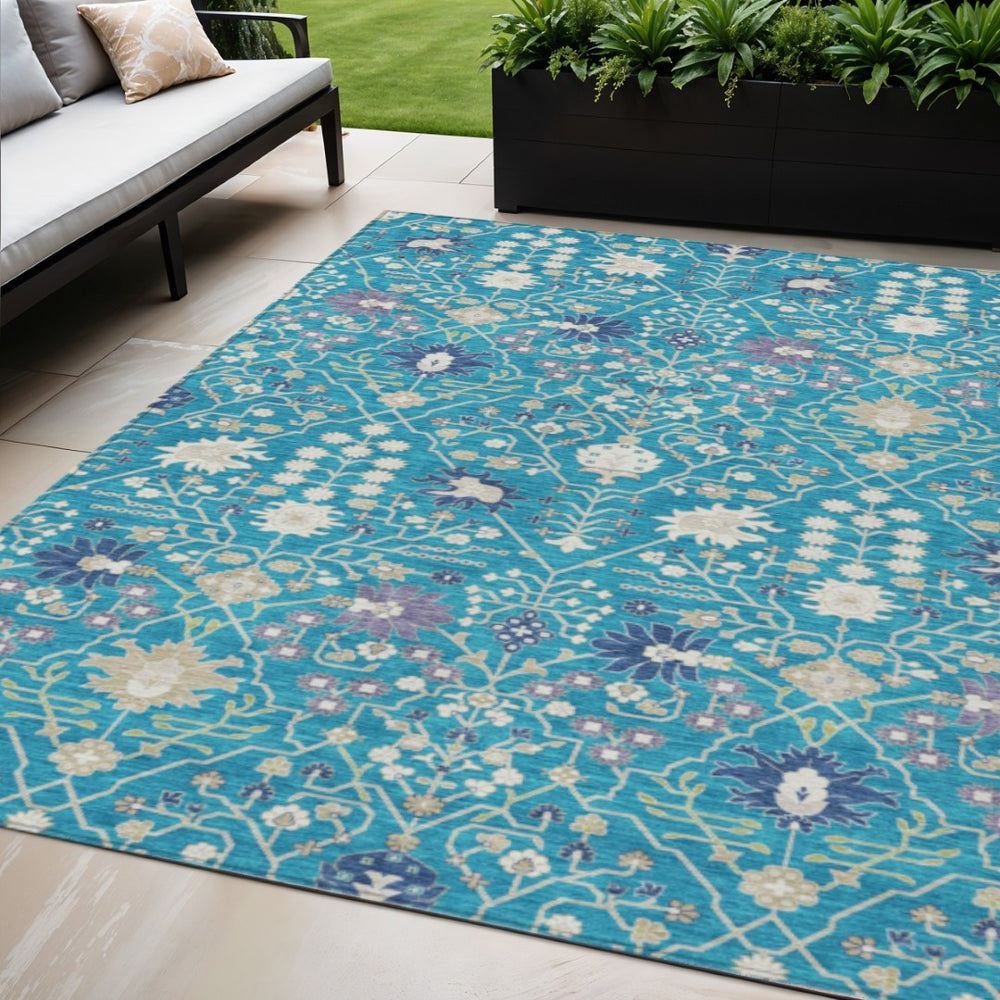 HomeRoots 5' Timeless Teal Blue Purple and Ivory Oriental Washable Area Rug for Indoor and Outdoor Elegance 5' X 8' 598077