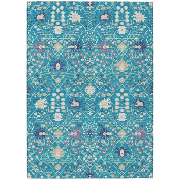 HomeRoots 5' Timeless Teal Blue Purple and Ivory Oriental Washable Area Rug for Indoor and Outdoor Elegance 5' X 8' 598077