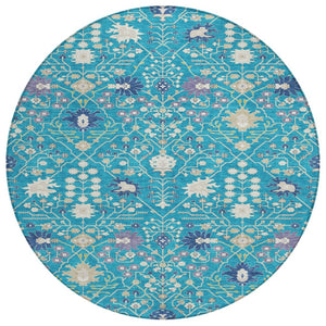 HomeRoots 5' Timeless Teal Blue Purple and Ivory Oriental Washable Area Rug for Indoor and Outdoor Elegance 8' Round 598078