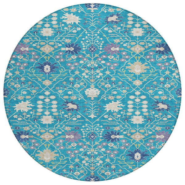HomeRoots 5' Timeless Teal Blue Purple and Ivory Oriental Washable Area Rug for Indoor and Outdoor Elegance 8' Round 598078