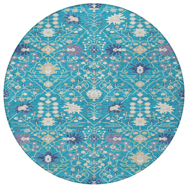 Homeroots 3' Artichoke Green Gray Ivory Oriental Washable Area Rug For Indoor And Outdoor Spaces, Durable Design 8' Round Polyester 598078