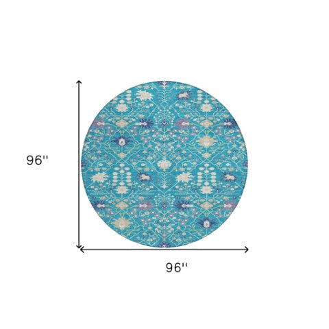 Homeroots 3' Artichoke Green Gray Ivory Oriental Washable Area Rug For Indoor And Outdoor Spaces, Durable Design 8' Round Polyester 598078