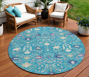 Homeroots 3' Artichoke Green Gray Ivory Oriental Washable Area Rug For Indoor And Outdoor Spaces, Durable Design 8' Round Polyester 598078