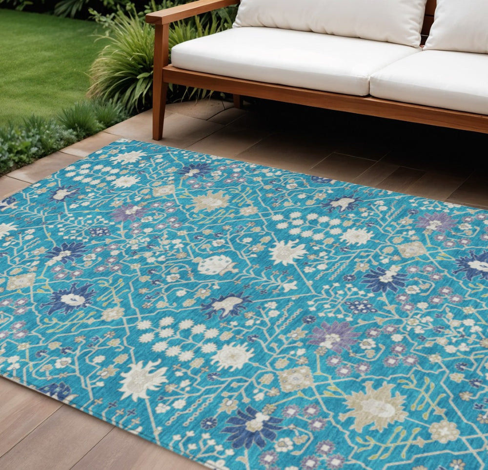 HomeRoots 9' X 12' Vibrant Teal Blue Purple Ivory Oriental Area Rug - Washable, Durable for Indoor & Outdoor Use 598080