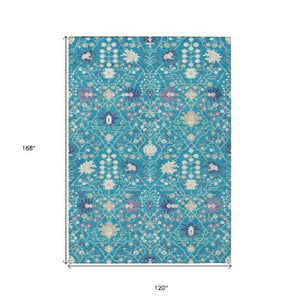 Homeroots 3' Artichoke Green Gray Ivory Oriental Washable Area Rug For Indoor And Outdoor Spaces, Durable Design 10' X 14' Polyester 598081