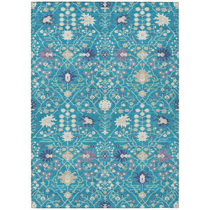HomeRoots 5' Timeless Teal Blue Purple and Ivory Oriental Washable Area Rug for Indoor and Outdoor Elegance 10' X 14' 598081
