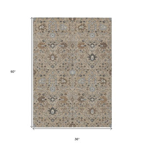 Homeroots 3' Artichoke Green Gray Ivory Oriental Washable Area Rug For Indoor And Outdoor Spaces, Durable Design 3' X 5' Polyester 598082