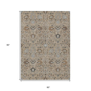 Homeroots 3' Artichoke Green Gray Ivory Oriental Washable Area Rug For Indoor And Outdoor Spaces, Durable Design 5' X 8' Polyester 598083