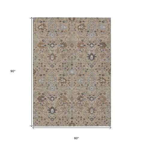 Homeroots 3' Artichoke Green Gray Ivory Oriental Washable Area Rug For Indoor And Outdoor Spaces, Durable Design 5' X 8' Polyester 598083