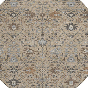 Homeroots 3' Artichoke Green Gray Ivory Oriental Washable Area Rug For Indoor And Outdoor Spaces, Durable Design 8' Round Polyester 598084
