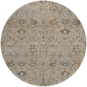 Homeroots 3' Artichoke Green Gray Ivory Oriental Washable Area Rug For Indoor And Outdoor Spaces, Durable Design 8' Round Polyester 598084