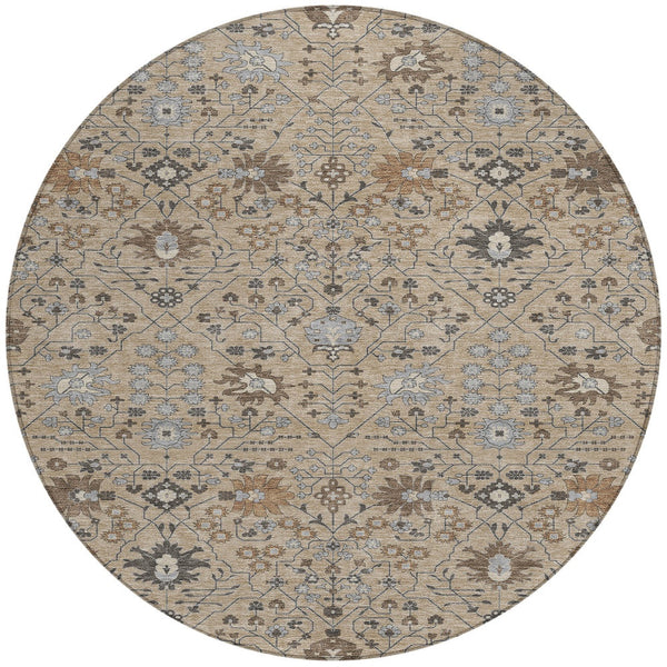 Homeroots 3' Artichoke Green Gray Ivory Oriental Washable Area Rug For Indoor And Outdoor Spaces, Durable Design 8' Round Polyester 598084