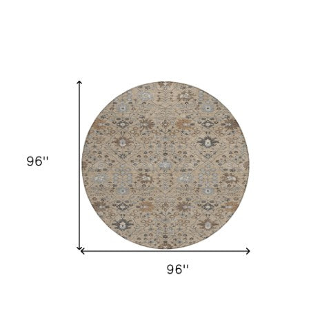 Homeroots 3' Artichoke Green Gray Ivory Oriental Washable Area Rug For Indoor And Outdoor Spaces, Durable Design 8' Round Polyester 598084