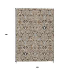 Homeroots 3' Artichoke Green Gray Ivory Oriental Washable Area Rug For Indoor And Outdoor Spaces, Durable Design 9' X 12' Polyester 598086