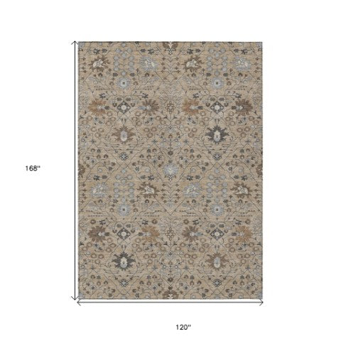 Homeroots 3' Artichoke Green Gray Ivory Oriental Washable Area Rug For Indoor And Outdoor Spaces, Durable Design 10' X 14' Polyester 598087