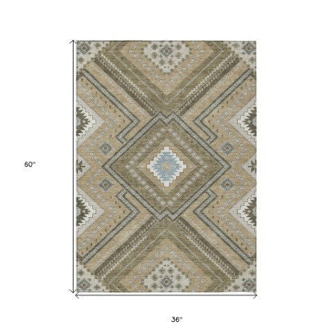 Homeroots 3' Beige Gray Ivory Tribal Washable Area Rug For Indoor Outdoor Use - Durable And Stylish Design 3' X 5' Polyester 598088
