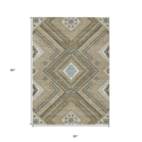 Homeroots 3' Beige Gray Ivory Tribal Washable Area Rug For Indoor Outdoor Use - Durable And Stylish Design 5' X 8' Polyester 598089