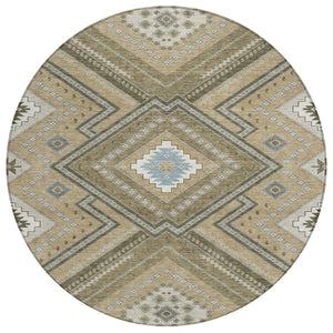 HomeRoots 5' Beige Gray and Ivory Tribal Area Rug - Durable, Washable Design for Indoor and Outdoor Spaces 8' Round 598090