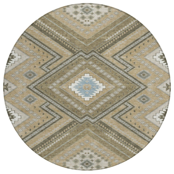 HomeRoots 5' Beige Gray and Ivory Tribal Area Rug - Durable, Washable Design for Indoor and Outdoor Spaces 8' Round 598090