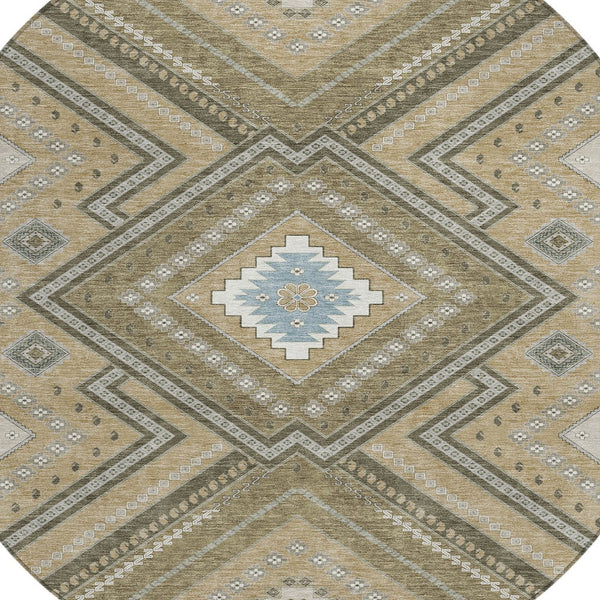 Homeroots 3' Beige Gray Ivory Tribal Washable Area Rug For Indoor Outdoor Use - Durable And Stylish Design 8' Round Polyester 598090