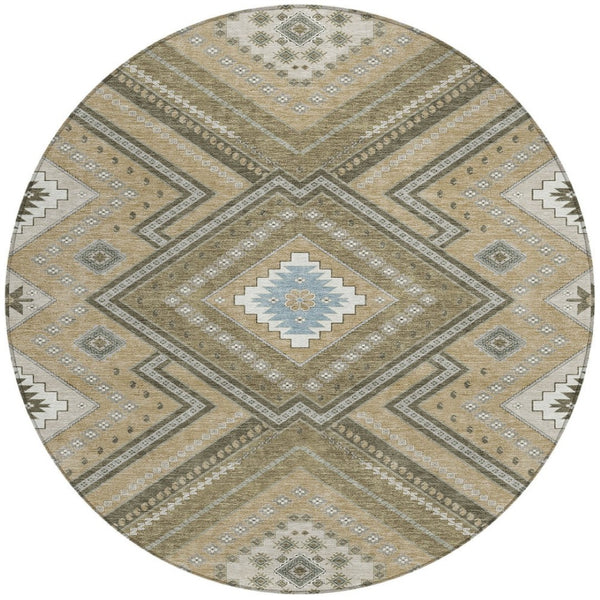 Homeroots 3' Beige Gray Ivory Tribal Washable Area Rug For Indoor Outdoor Use - Durable And Stylish Design 8' Round Polyester 598090